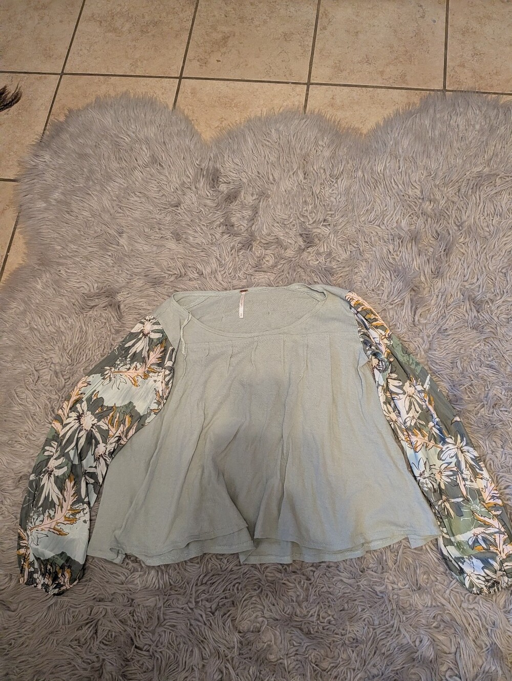 Women's Picking Pebbles Free People Floral-Sleeve Mint Green Women’s Top